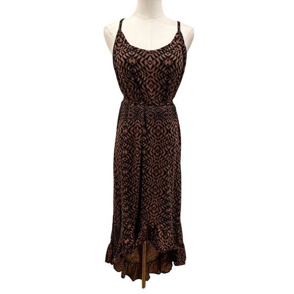 LYS Dresses & Skirts - LYS Geometric Print Midi Dress Brown Black High-Low Hem 2X Boho Resort Resort